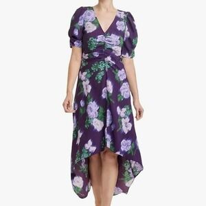 A NEW DAY Size Medium Purple Floral Recycled Polyester Hi-Low Ruched V-neck Maxi